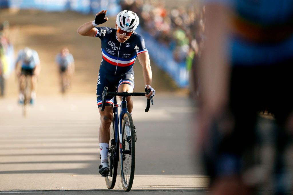 FAYETTEVILLE ARKANSAS JANUARY 30 Clement Venturini of France reacts after cross the finishing line during the 73rd UCI CycloCross World Championships Fayetteville 2022 Mens Elite Fayetteville2022 on January 30 2022 in Fayetteville Arkansas Photo by Chris GraythenGetty Images