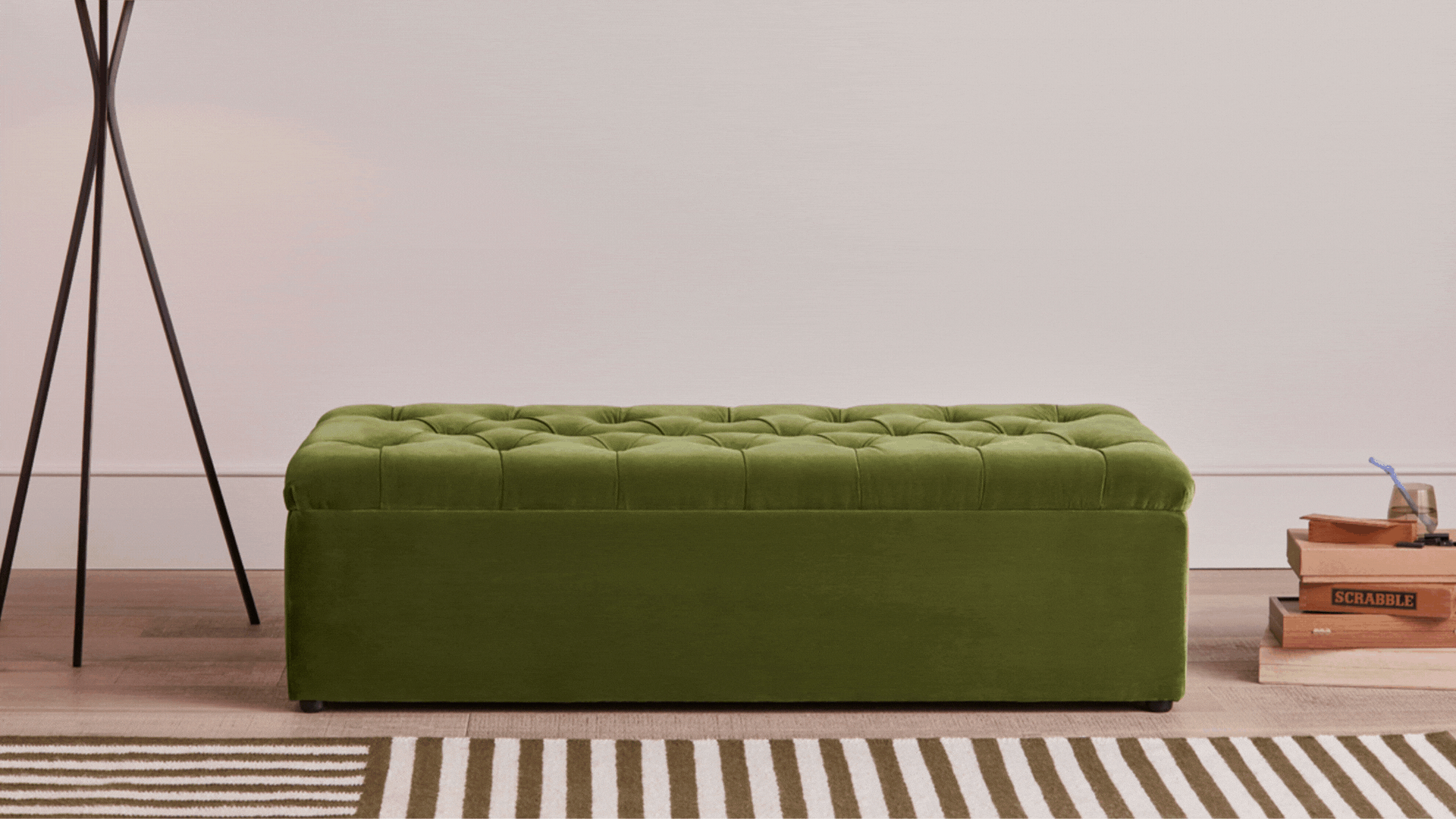 Loaf Bed in a Button in grass clippings color, opening and closing in a gif format