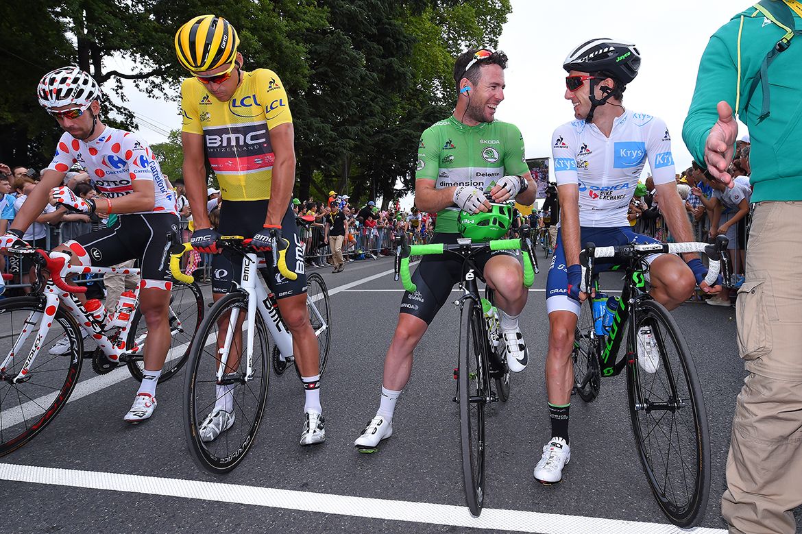 Greg Van Avermaet, Mark Cavendish and Adam Yates at the start