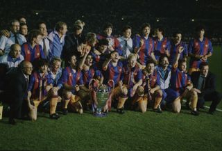 Barcelona's players celebrate their European Cup final win over Sampdoria in 1992.