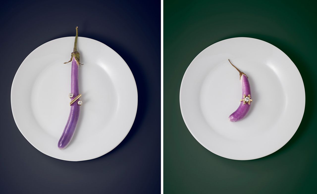 Lia Lam rings on purple vegetable on white plate