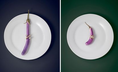 Lia Lam rings on purple vegetable on white plate
