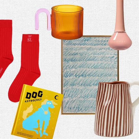 A collage of under-$40 gifts featuring an orange mug, dog and cat book, pink gucci nail polish, a blue painting, ouai dog shampoo, hot garlic sauce, red socks, a checkered blanket and hat, and a brown striped pitcher.