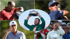 Scottie Scheffler holds the Masters trophy and insets of Woods, Aberg, DeChambeau and McIlroy at the 2024 Masters