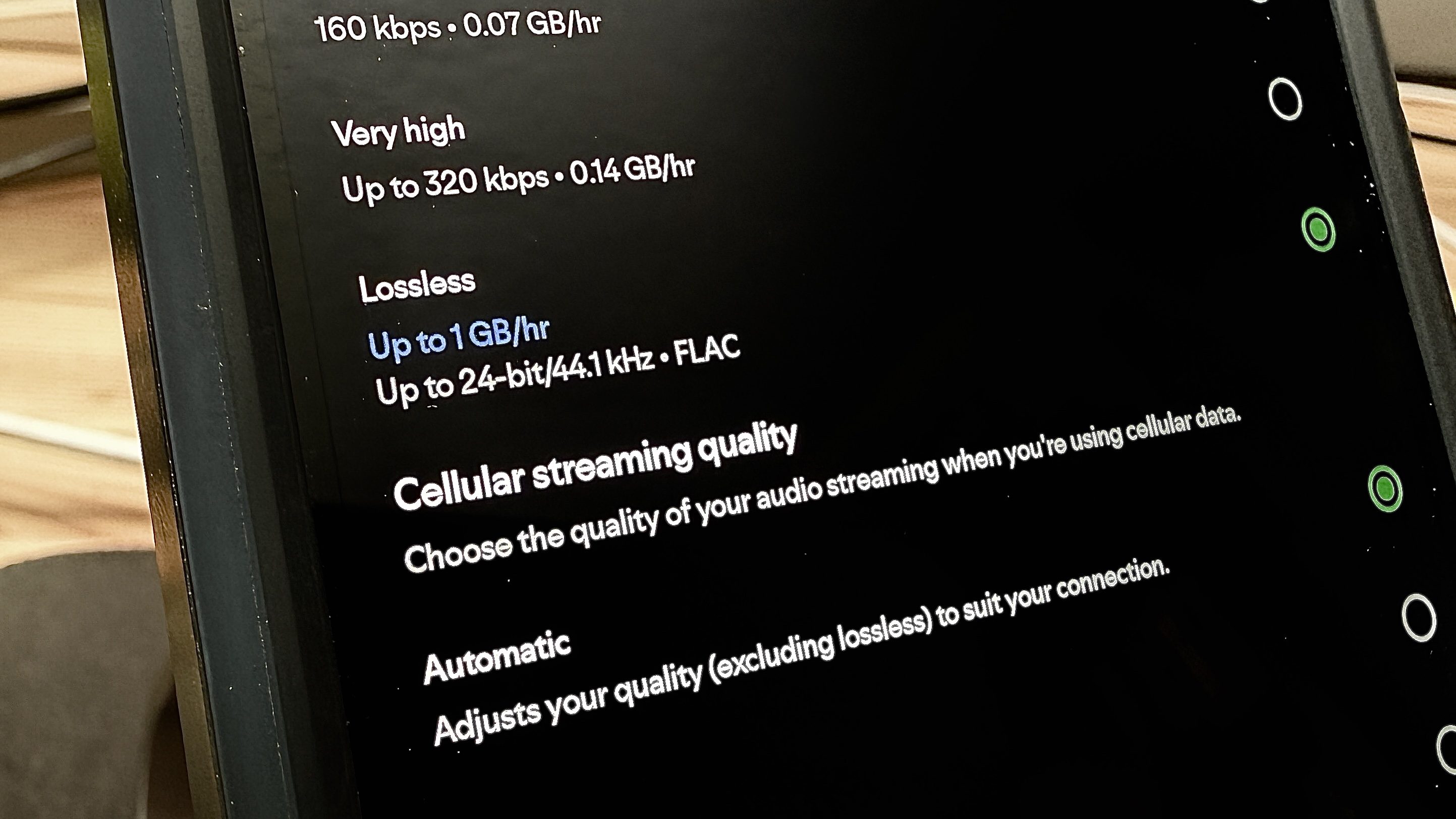 Spotify lossless audio menu option