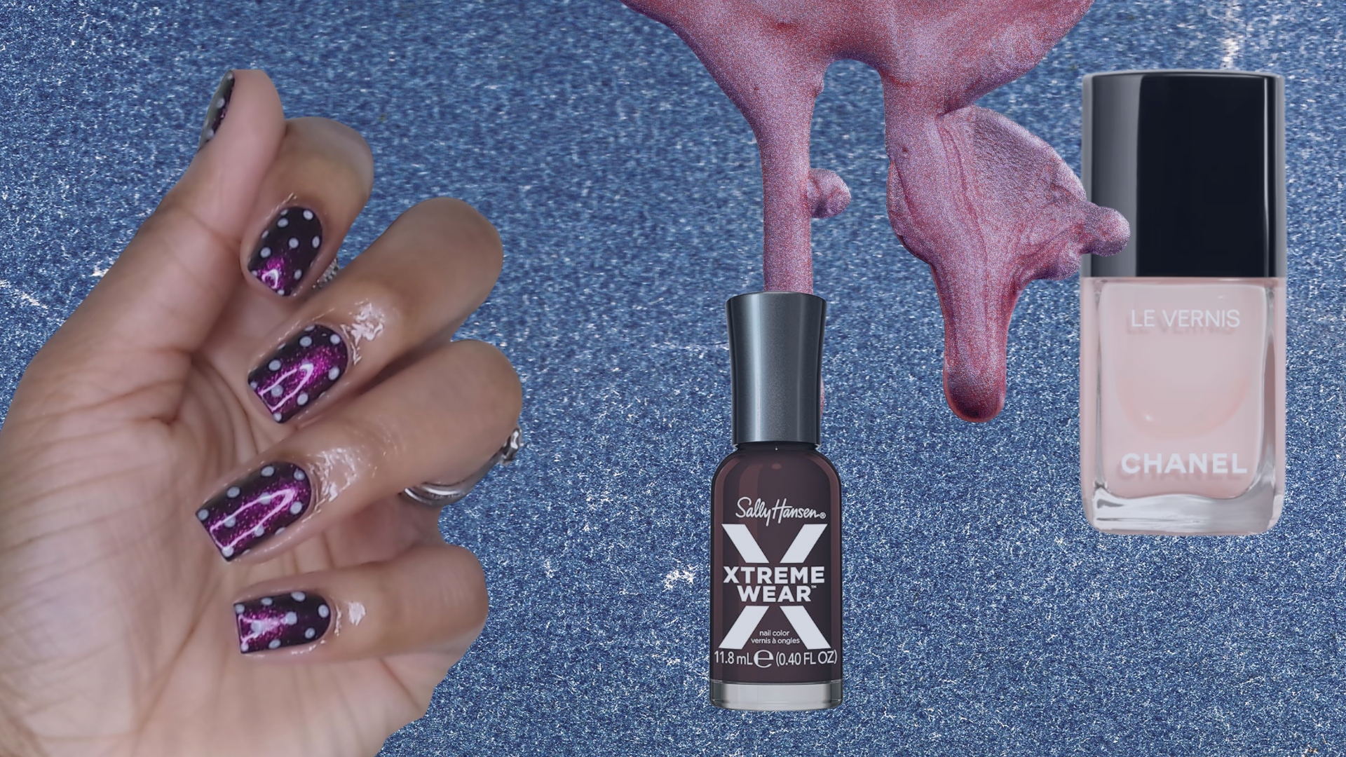 collage of girl with polka dot coffin nails and nail polishes