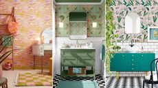  Retro small bathroom ideas are so cute. Here are three of these - an orange bathroom with a wooden ladder and white sink, a green bathroom with a gold mirror and sage vanity unit, and a bathroom with green tropical wallpaper, a dark green vanity, and black and white flooring