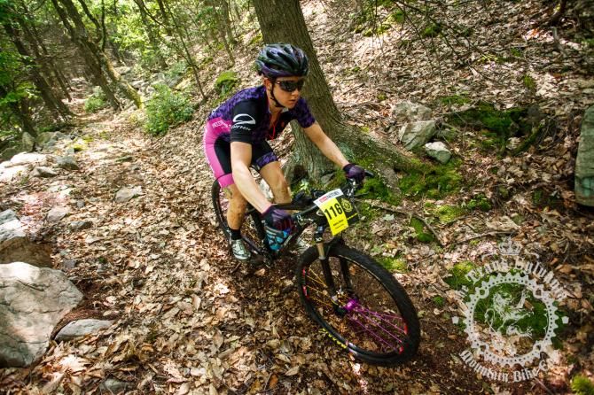 Andrea Wilson focuses on her line during a steep descent.