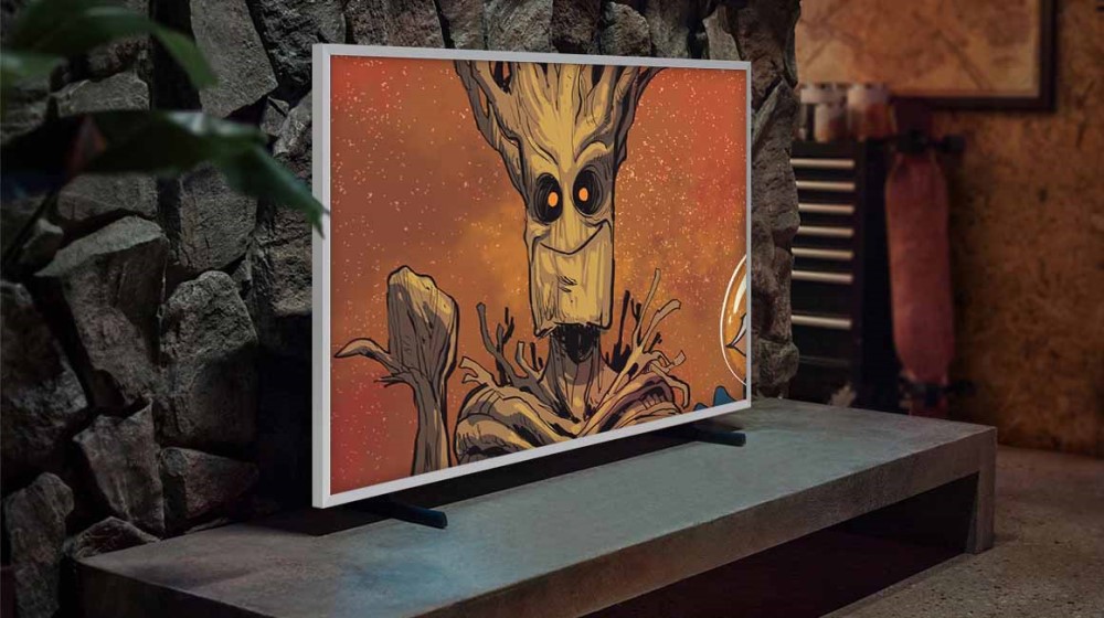 Samsung Frame TV X Disney collab with Groot on the screen from Guardians of the Galaxy