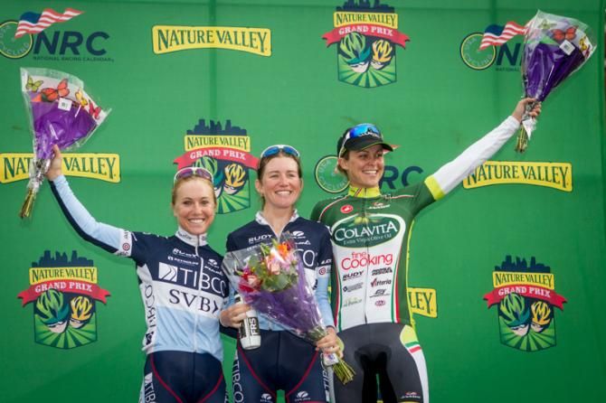 Women's podium for stage 5 (L-R): Shelley Olds (TIBCO), Lauren Stephens (TIBCO) and Kimberley Wells (Colavita-Fine Cooking)