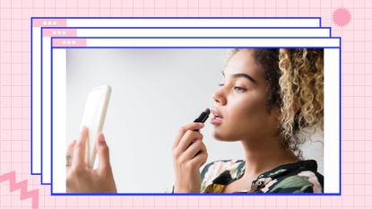 Woman applying lipstick while looking into her phone screen/ in a pink check template