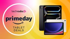 iPad Pro and Galaxy Tab S9 on a yellow background next to TechRadar Prime Day logo