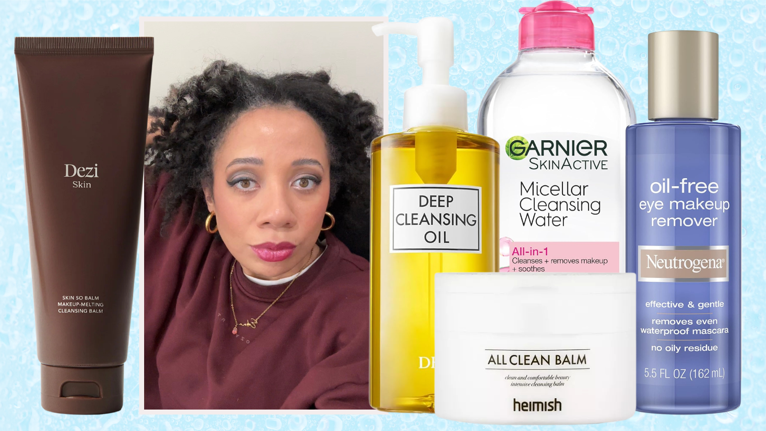 eye makeup remover design with a woman in a burgundy sweatshirt and pink lipstick