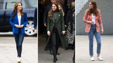 Composite of three images of Kate Middleton wearing jeans at Bisham Abbey National Sports Centre, at Abergavenny Market and at the Natural History Museum 