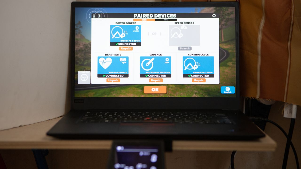 Garmin Tacx Neo Bike Plus zwift pairing screen