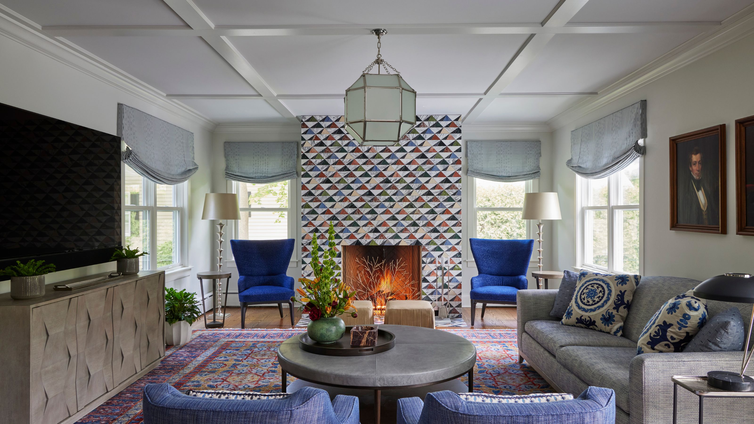 living room with statement fireplace