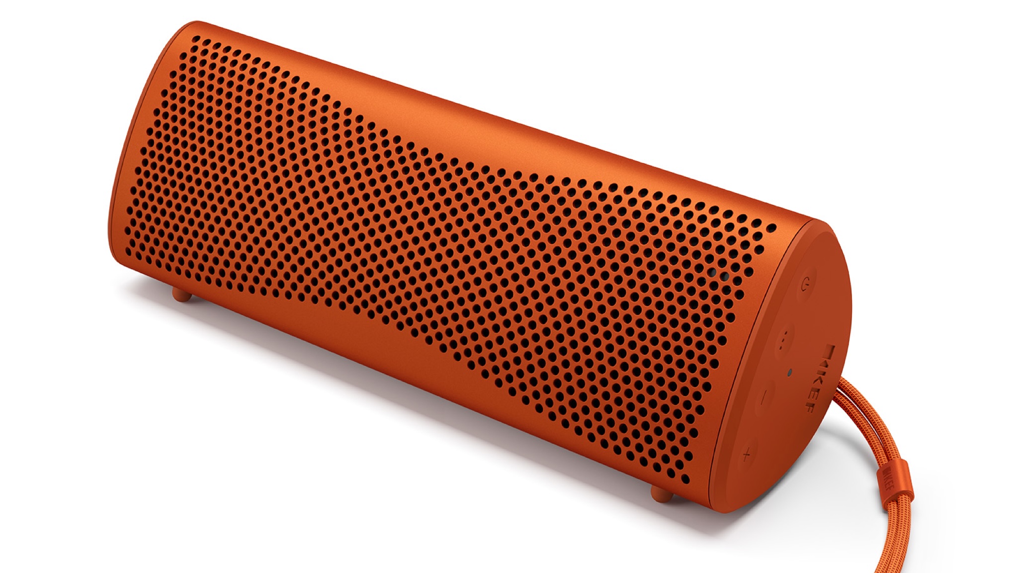 KEF Muo 2025 Bluetooth speaker in orange, shot on a white background