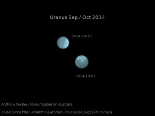 Amateur astronomer Anthony Wesley of Murrumbateman, Australia, captured these images of Uranus on Sept. 19 and Oct. 2 of 2014. They show the dramatic appearance of a bright storm on the gas giant, scientists say.