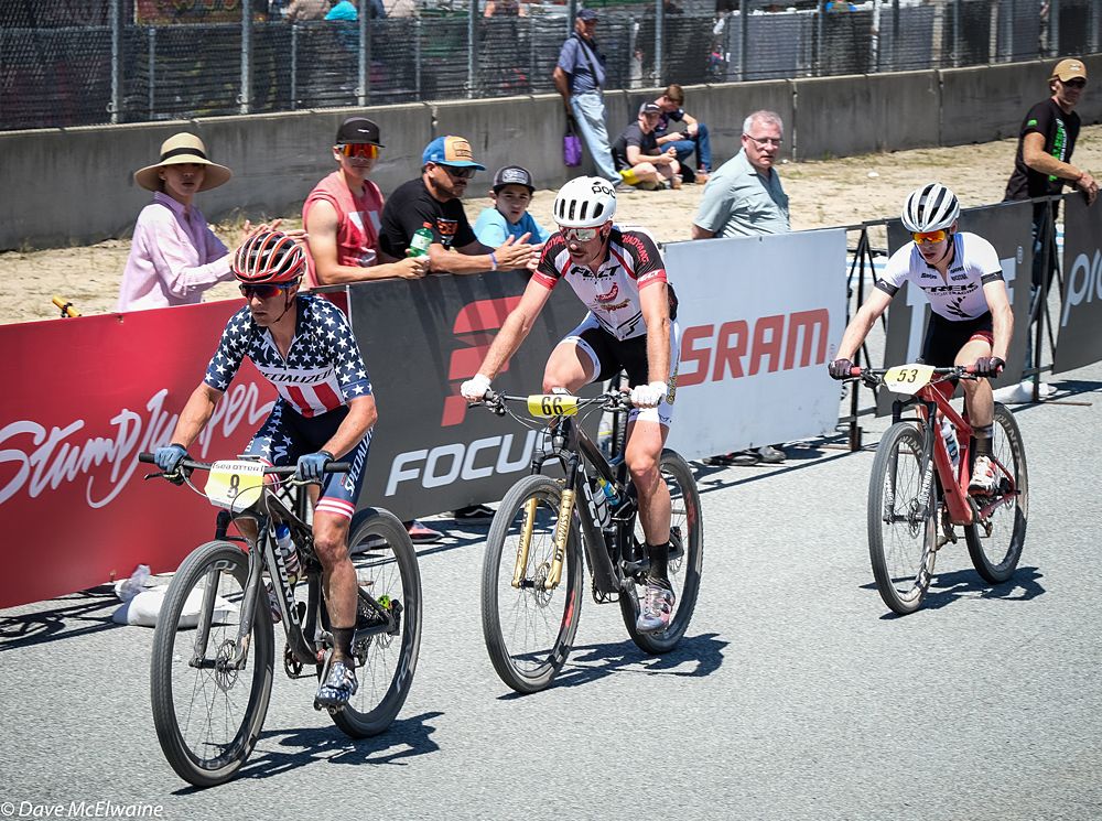With two laps remaining, Howard Grotts (Specialized) lead out Nicola Rohrbach and Anton Cooper