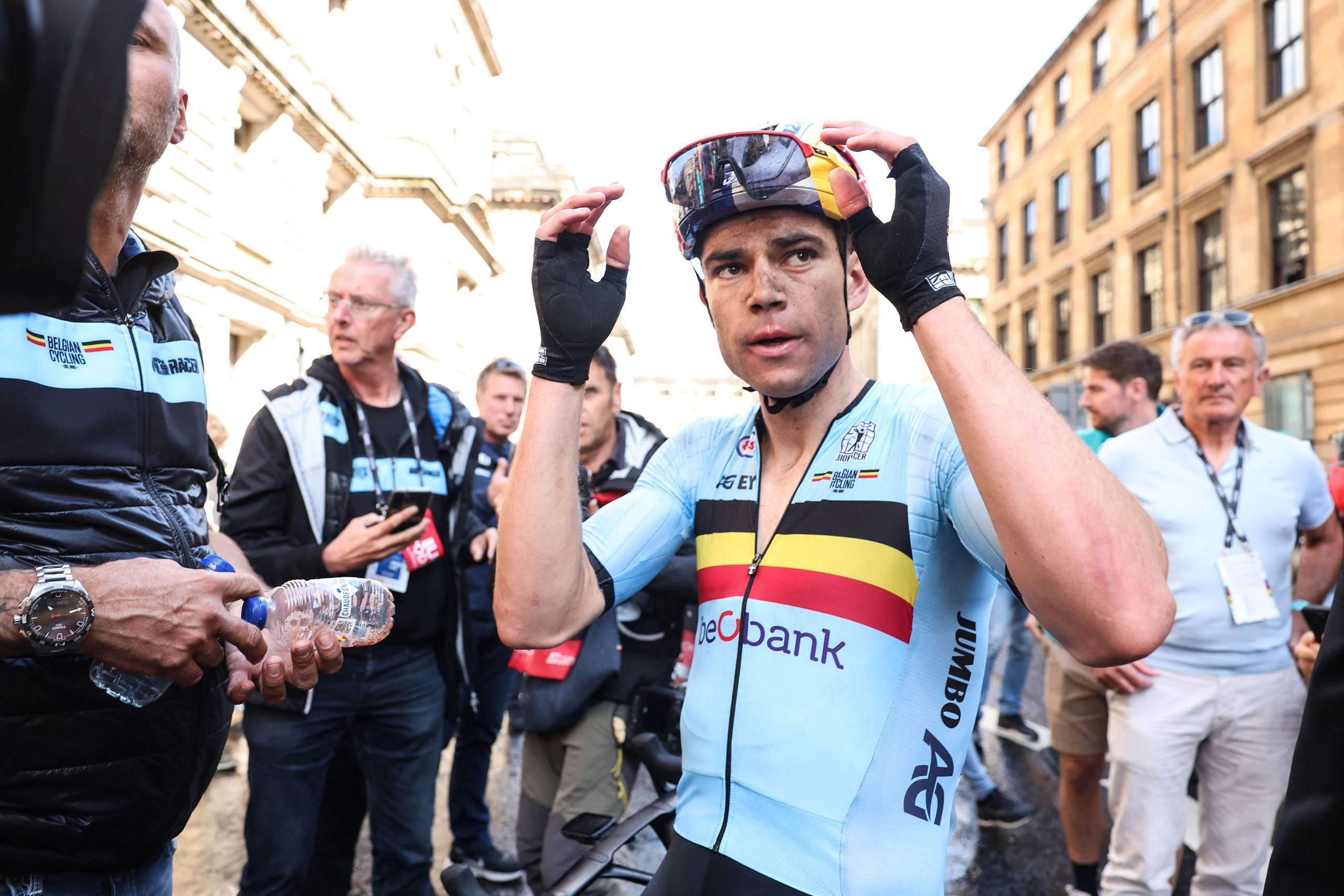 Wout van Aert reacts after the 2023 men's world championship in Glasgow