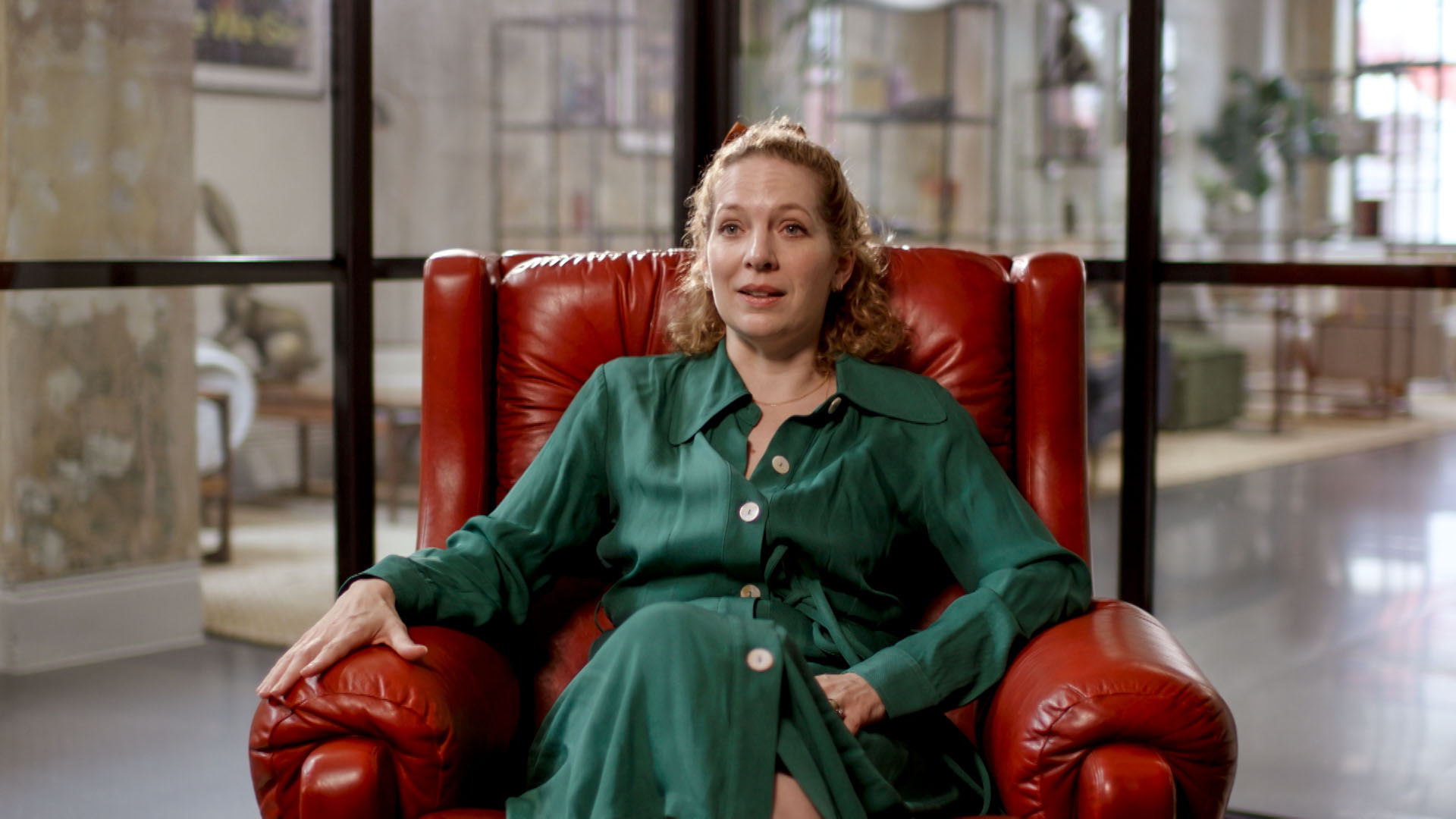 Katherine Parkinson is pictured here being interviewed as part of Inside No.9 - The Party's Over, which is currently available to watch on BBC iPlayer.
