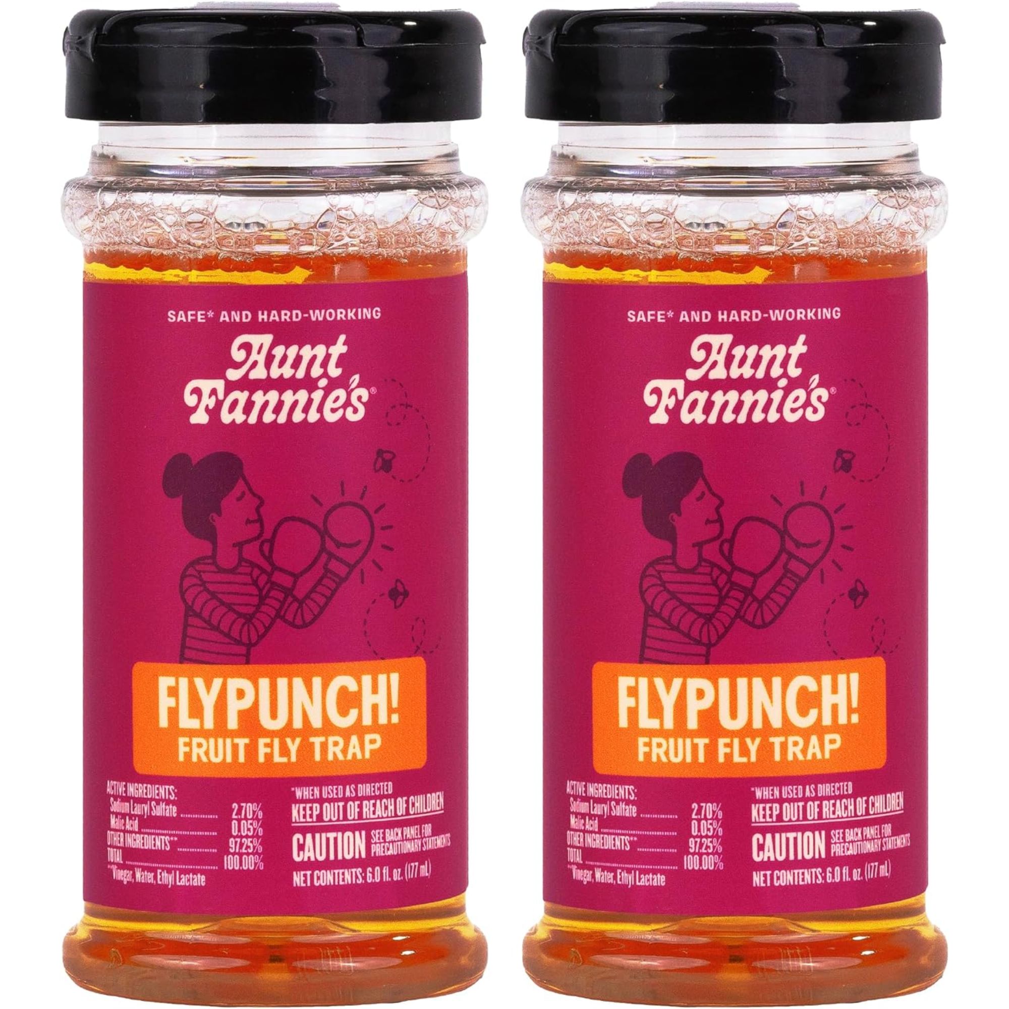 Two plastic bottles with burgundy labels and black lids of fruit fly trap