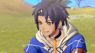 A close-up of Cai, wearing a blue tunic with blue hear, in Fire Emblem: Fortune's Weave in a field