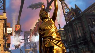 A shot of Avalon showing a large statue and an airship in the background.