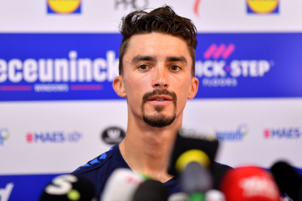 Julian Alaphilippe during his rest day press conference in Nimes.