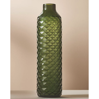 olive green tall bottle neck vase with a raised diamond texture