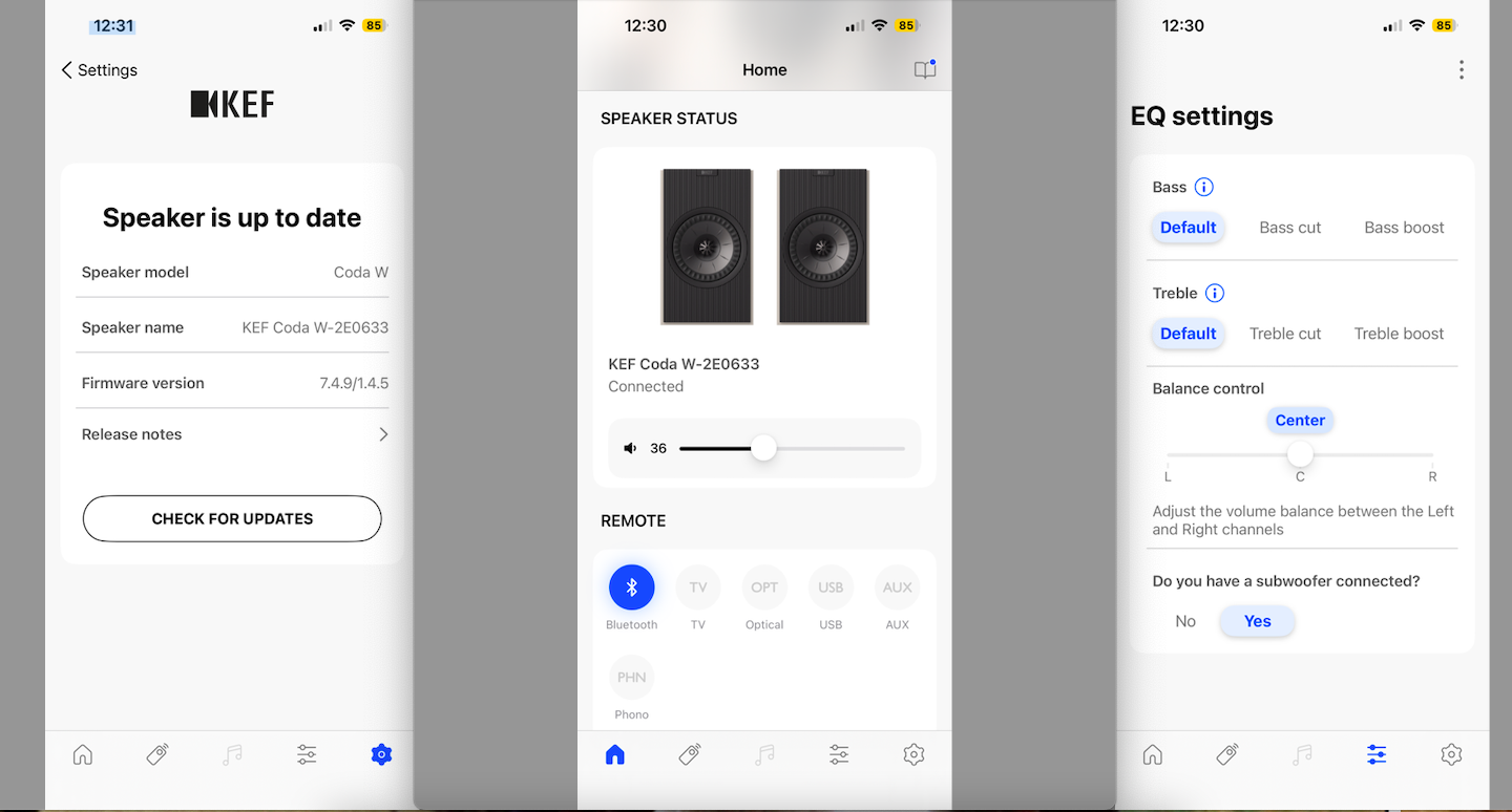 Trio of screenshots showing the KEF app connected to the Coda W active speaker system.