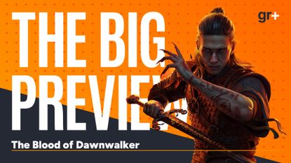 Vampire Coen stands with his claws up and ready, holding a sword - against the GamesRadar+ Big Preview hub frame