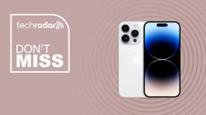 Apple iPhone 14 Pro Max in white on sandy background with don't miss text overlay