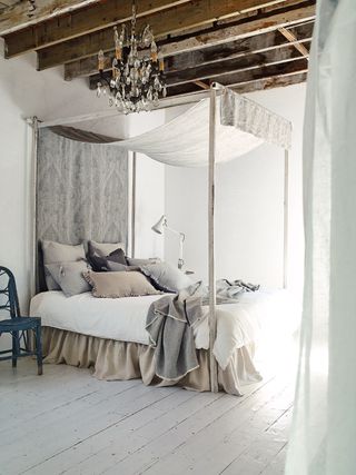 relaxing whie bedroom with fabric canopy in Damaris in Gris by Romo