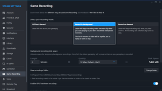 Screenshot of the Game Recording configuration window in Steam Settings on PC.