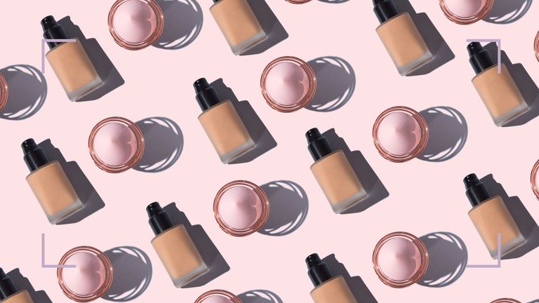 Several makeup bottles of two types of product, foundation vs concealer a pink backdrop 