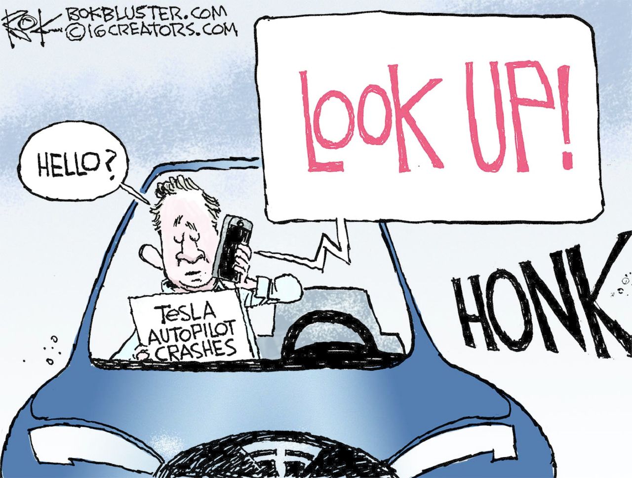 Editorial cartoon U.S. Tesla crash