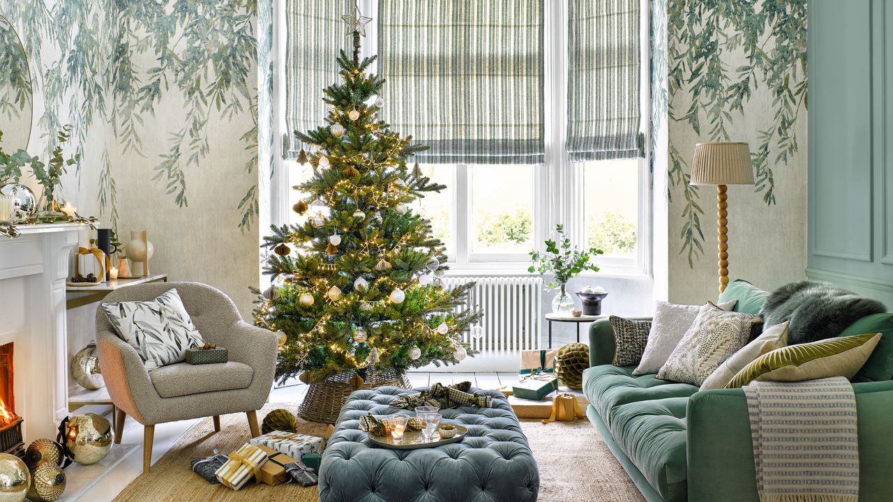 Living room decorated with Christmas tree and festive decorations