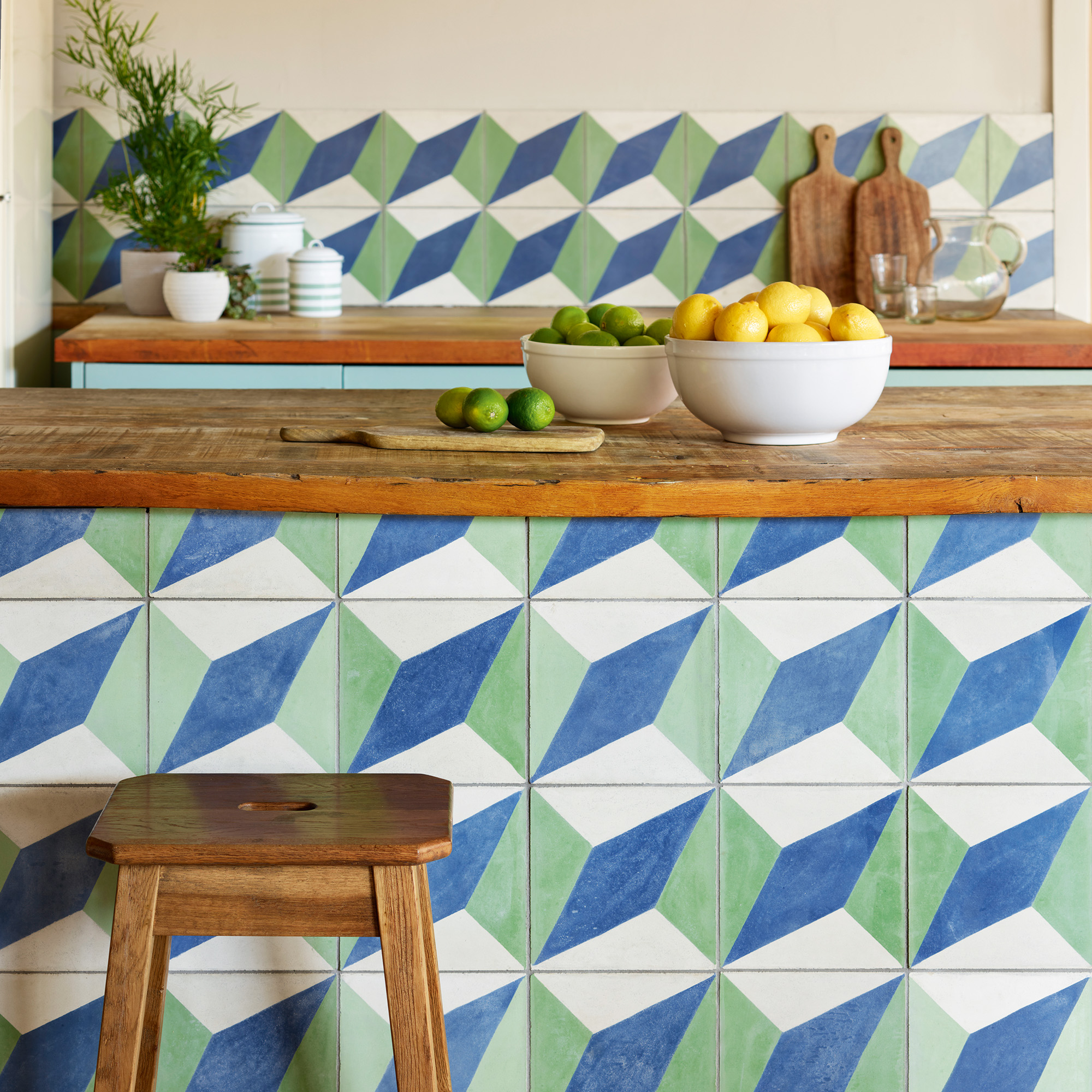 green and blue tiles on the back of an island