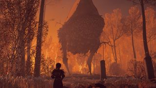 Reka - a witch walks towards a cabin on top of towering chicken legs at dusk in a forest