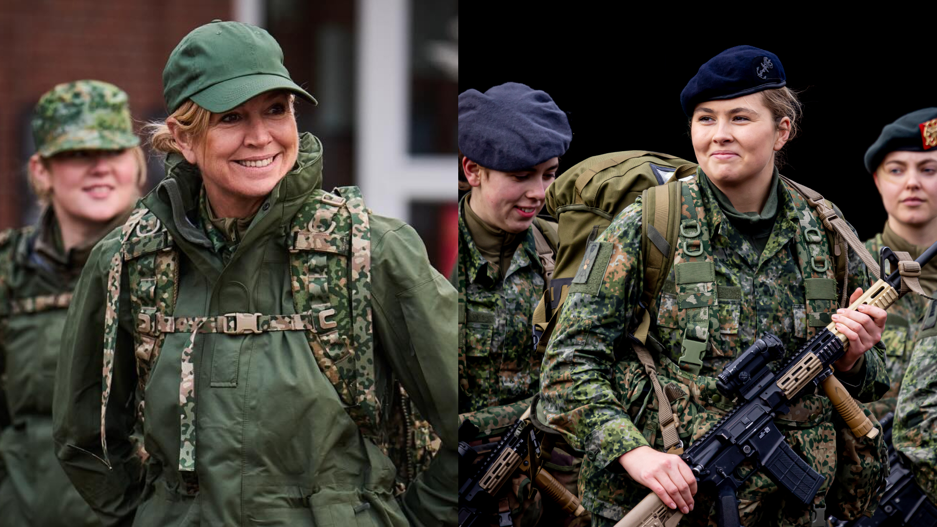 Queen Maxima wearing a military uniform and baseball cap; Princess Catharina-Amalia wearing camo uniform and holding a gun