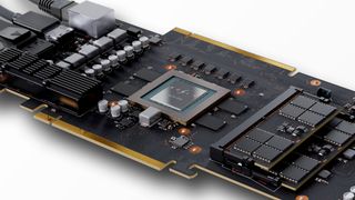 A close-up view of the promotional render of Bolt Graphics' Zeus 1c26-32 graphics cards, as published in August 2025.