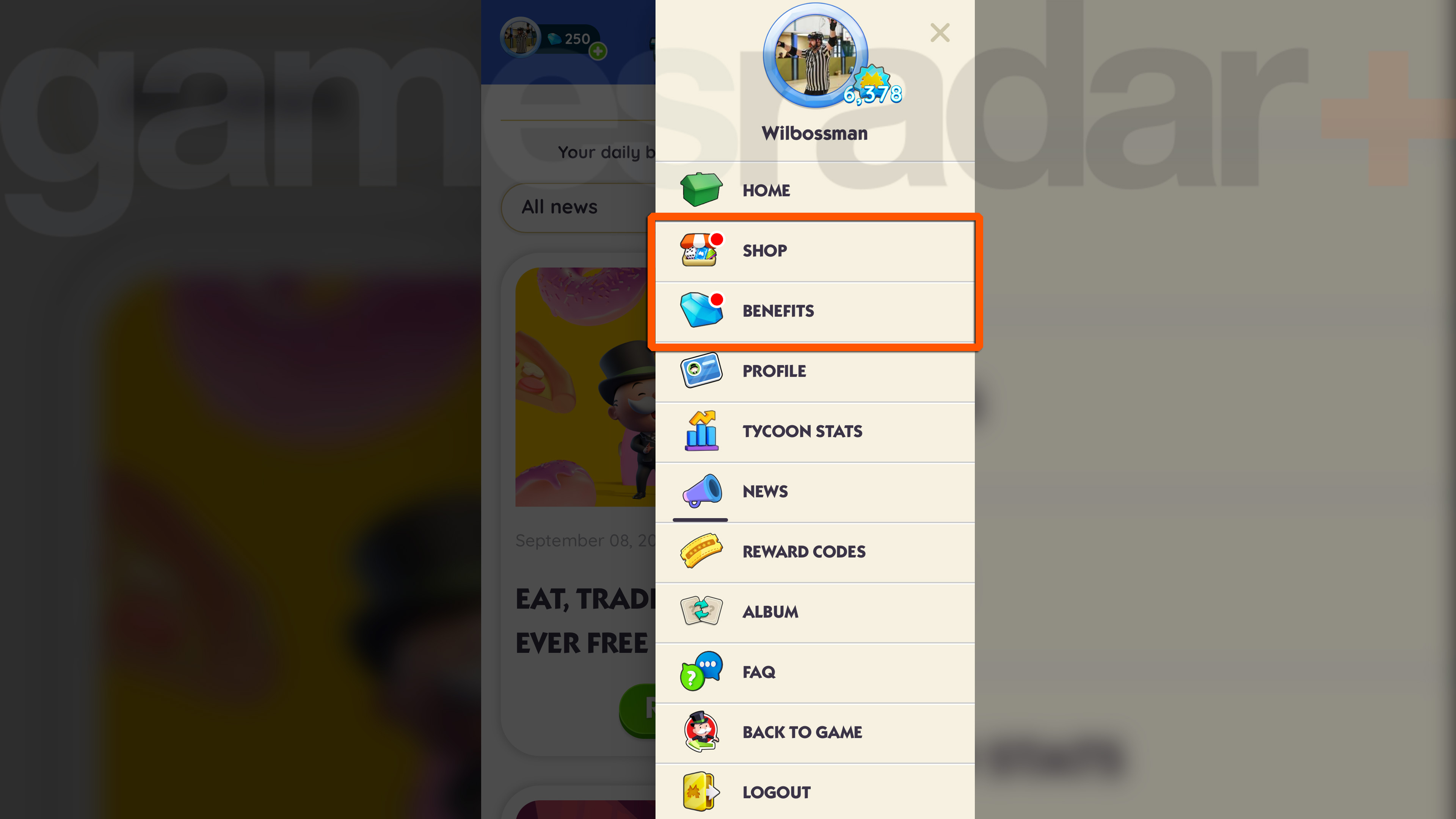 The Monopoly Go Tycoon Club menu