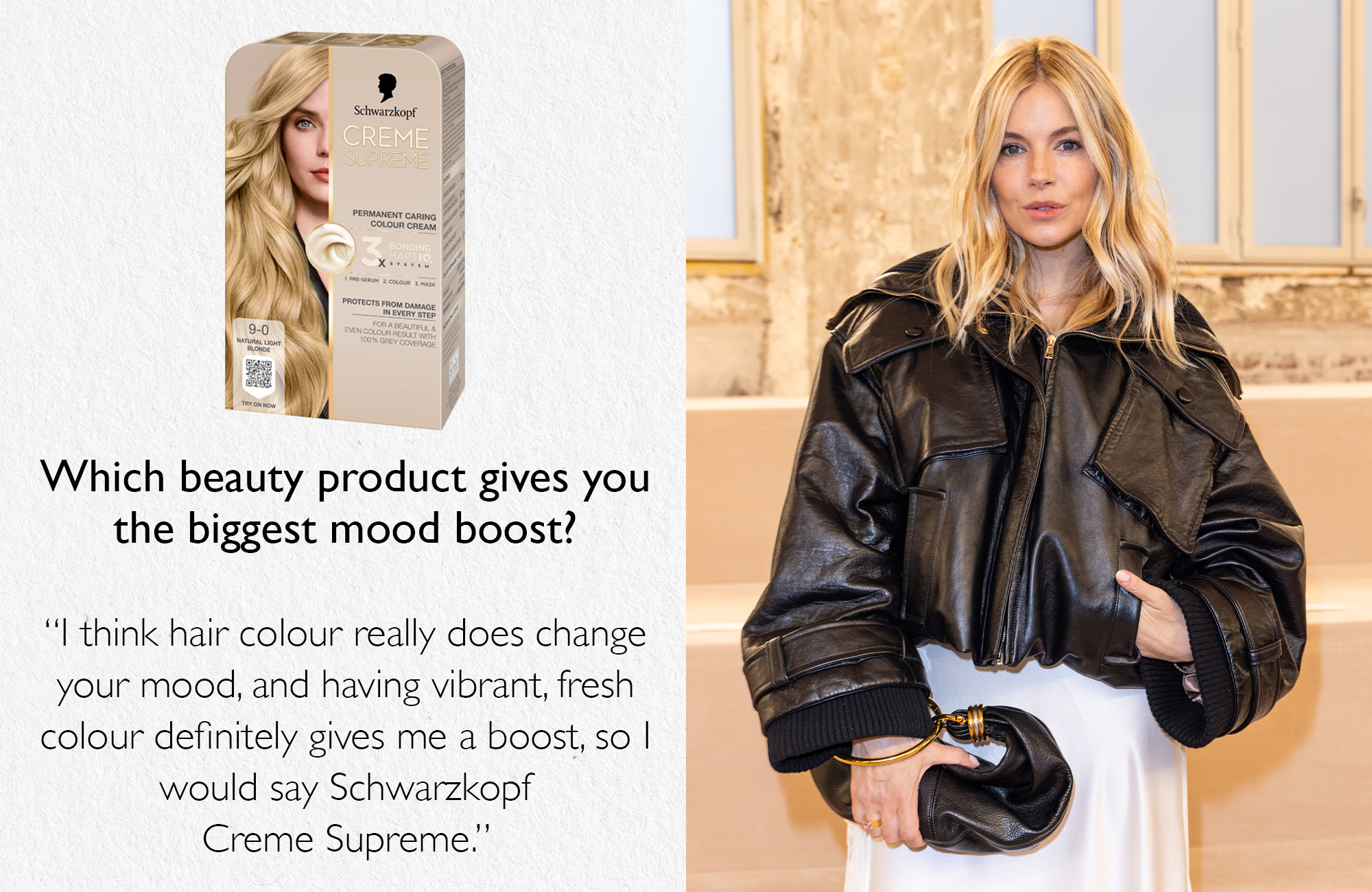 A picture of Sienna Miller next to a Schwarzkopf hair dye and a quote about her hair