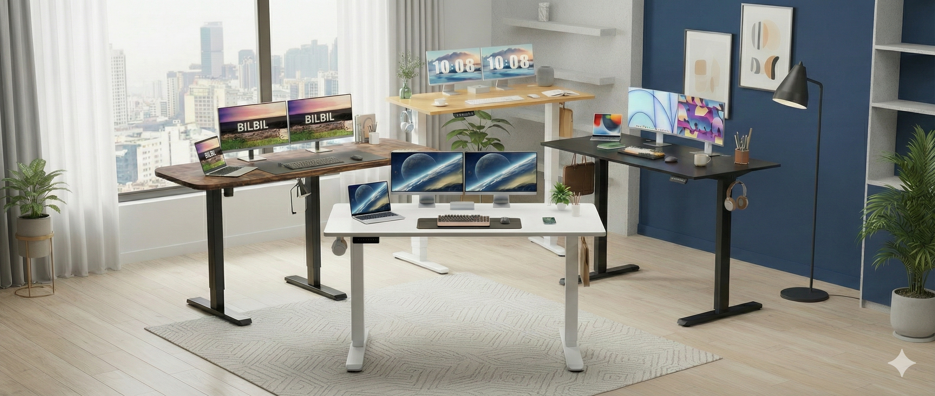 Four standing desks loaded with monitors, keyboards, and laptops in a bright home office environment