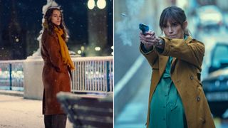 A split photo of Helen in a tobacco wrap coat and a mustard brown trench