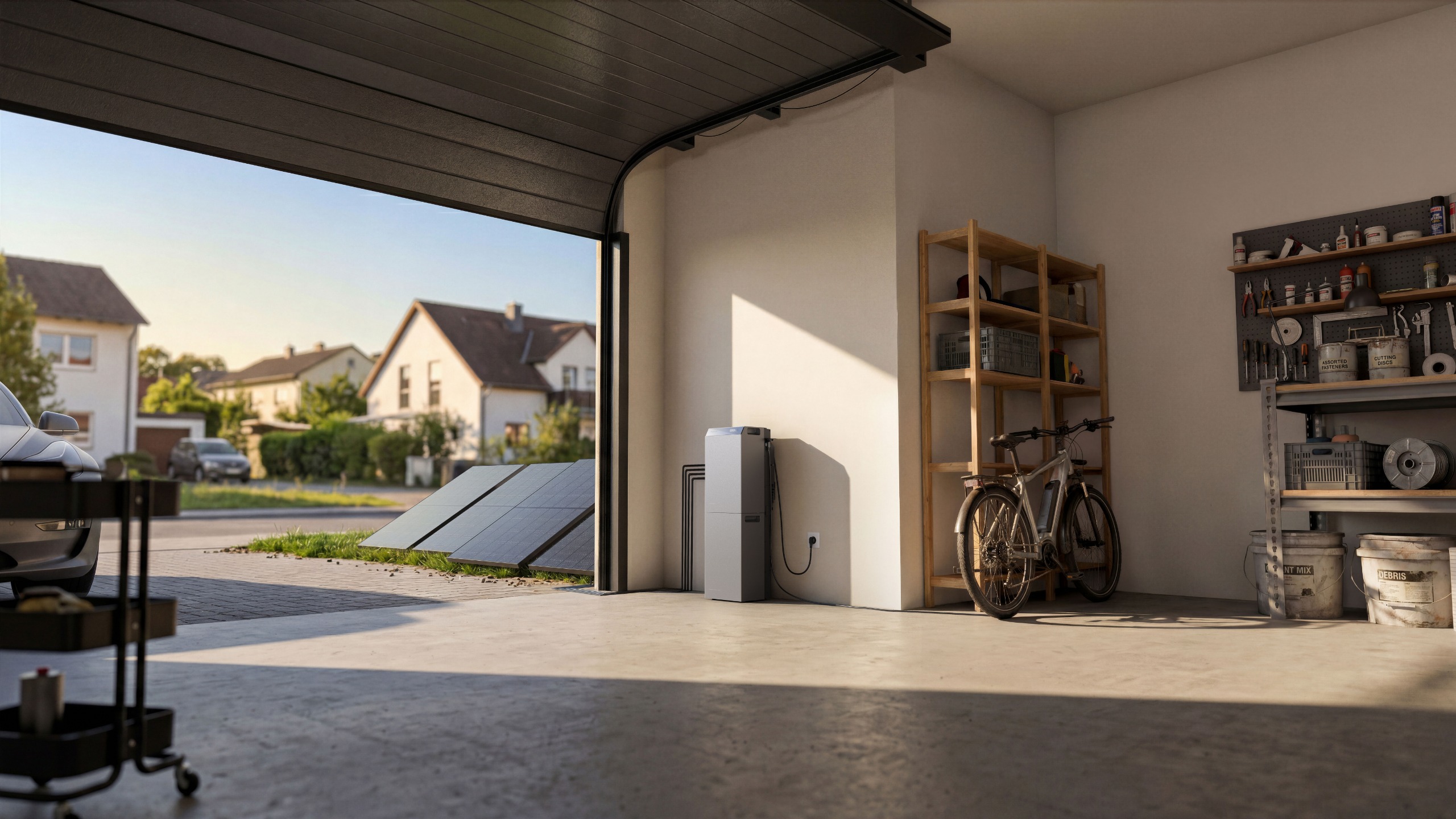 EcoFlow STREAM unit installed in a home garage and connected to solar panels.