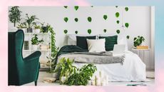 A white bedroom and bed with a crushed velvet green chair, green bedding, pot plants, and green wall decorations on a pastel-hued background.