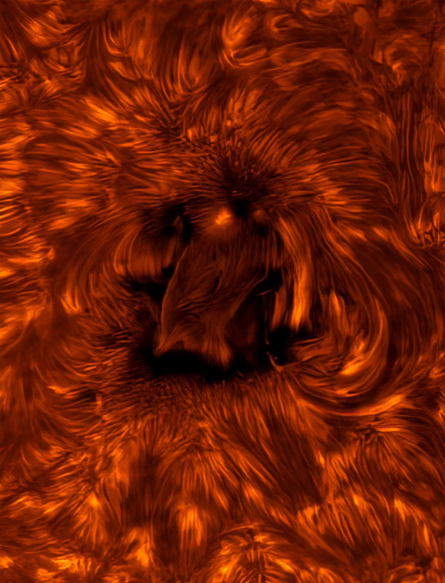 Close-up of solar surface with swirling, fiery patterns in rich orange hues. The texture resembles turbulent, molten waves, conveying intense energy