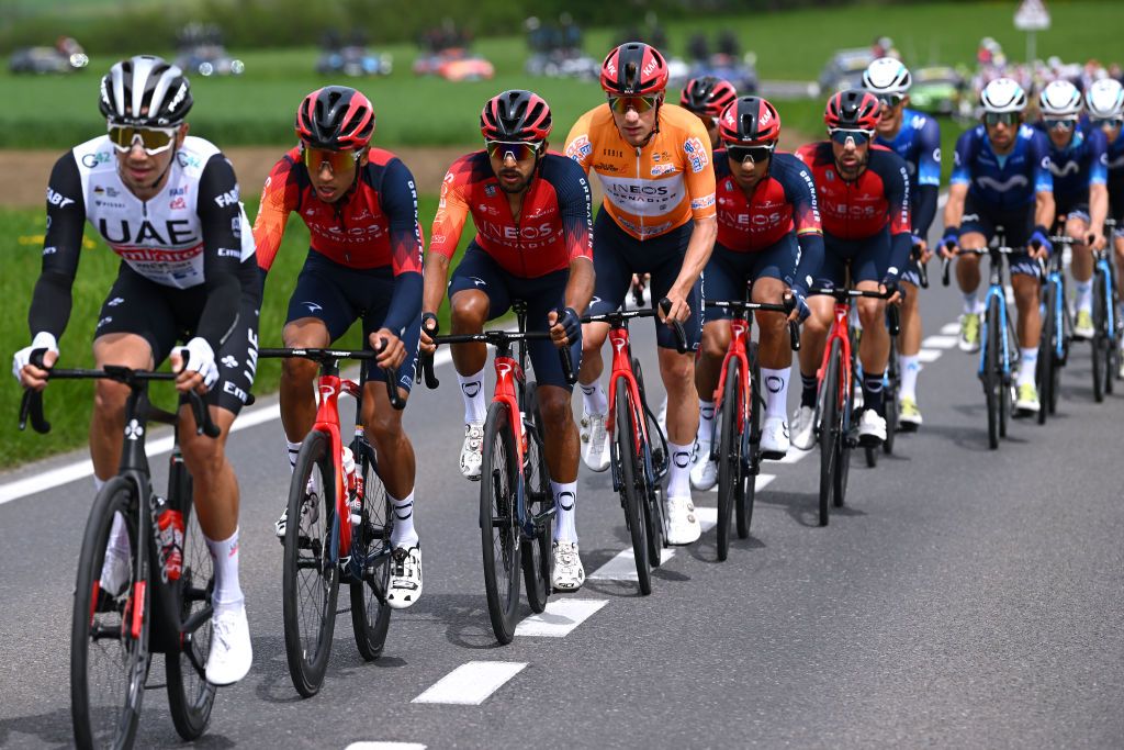 GENVE SWITZERLAND APRIL 30 LR Brandon Rivera of Colombia Ethan Hayter of United Kingdom Orange Points Jersey and Jhonnatan Narvaez of Ecuador and Team INEOS Grenadiers compete during the 76th Tour De Romandie 2023 Stage 5 a 1708km stage from VufflenslaVille to Genve UCIWT on April 30 2023 in Genve Switzerland Photo by Dario BelingheriGetty Images